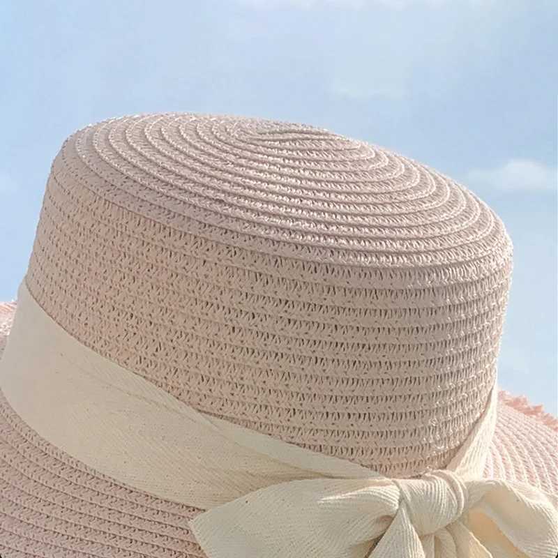 Bow ribbon straw hat bra wide eaves soft top sun hat summer sun hat Fem vacation beach accessories X250109