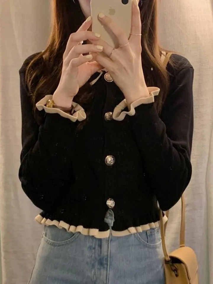 Jmprs Ruffles Sweet Cardigan Sweaters Women Fashion Slim Long Sleeve Knitted Short Coat Elegant Patchwork Korean Lady Black Tops 250108