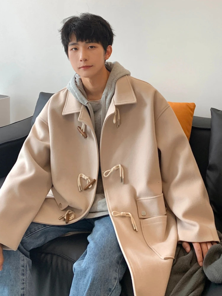 Autumn Blends Men Temperament Hong Kong Style Handsome Horn Button Streetwear Teens Couple Warm Slouchy Advanced Big Pockets 250106