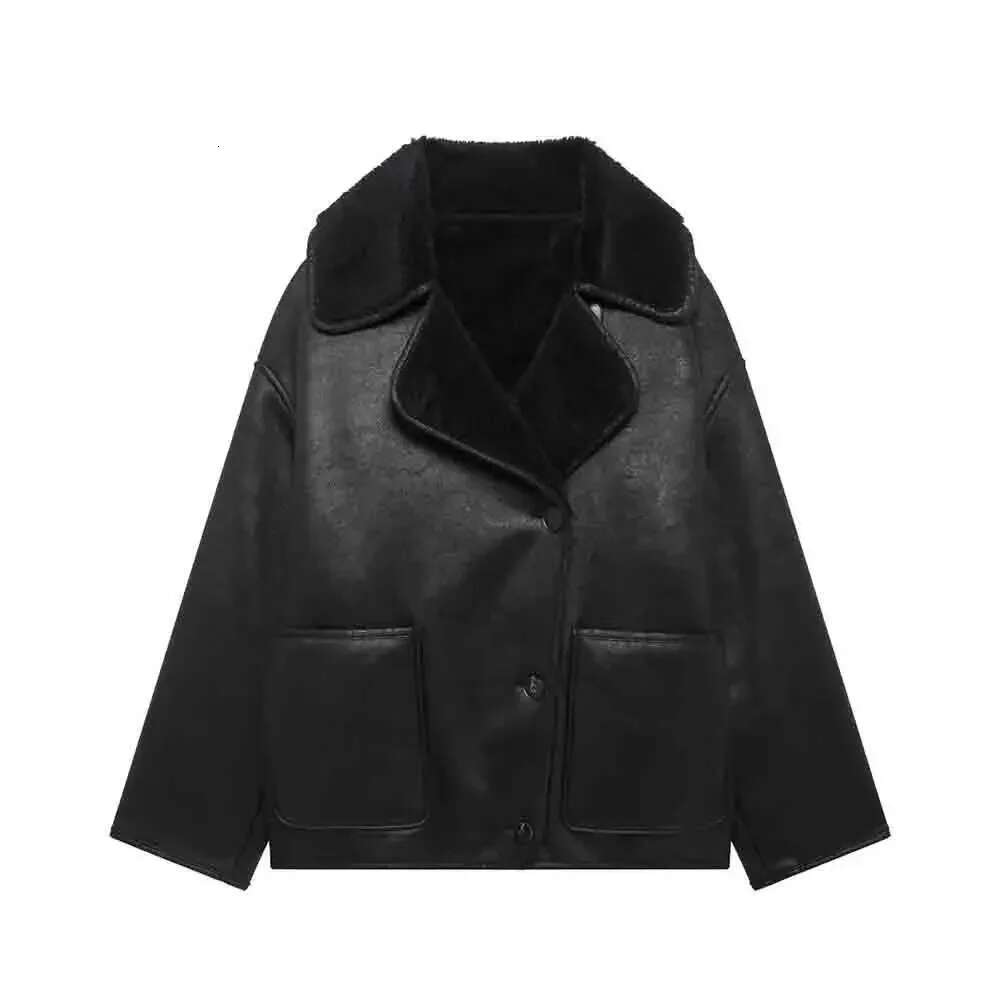Plush Faux Leather Jackets For Women Wool Blends Thick Winter Office Single Breasted Turn-Down Collar Coat Chic Pocket Outerwear
