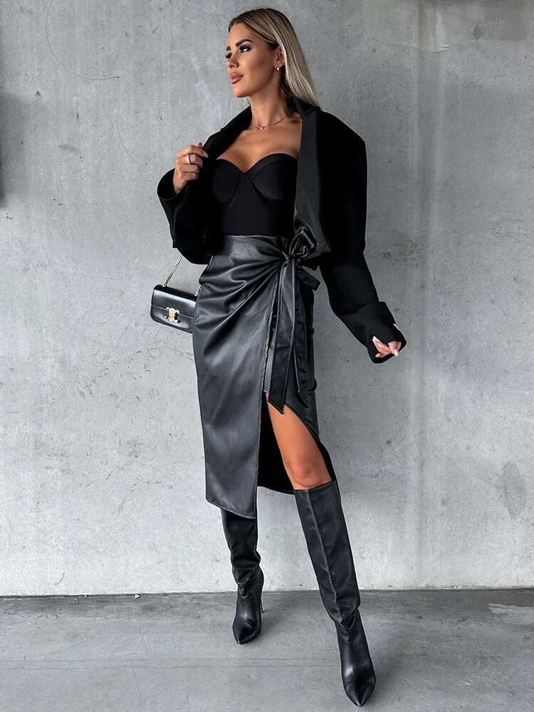2024 Autumn Winter Sexy Midi Leather Skirts Solid Black High Waist Office Pencil Slit Women Bodycon Lace Up Skirt