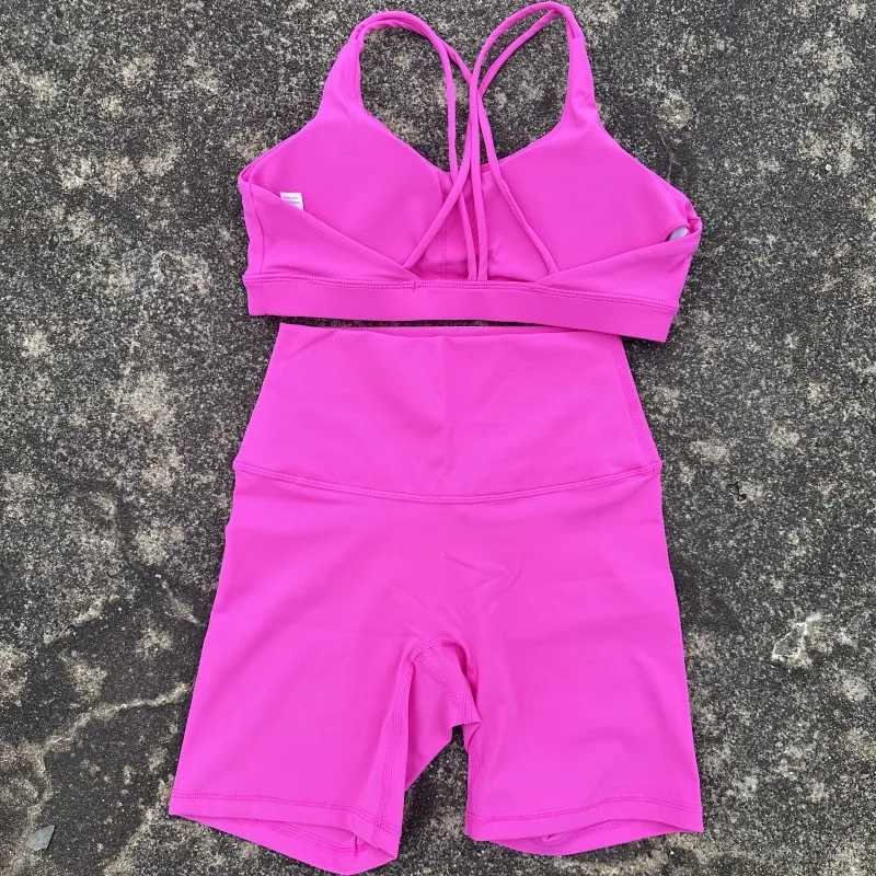 Solid color Women cross shoulder straps fitness Bra Top +Cycling Short 2 pc Gym Yoga short Leggings Set Soft Athletic sportwearXJ250109