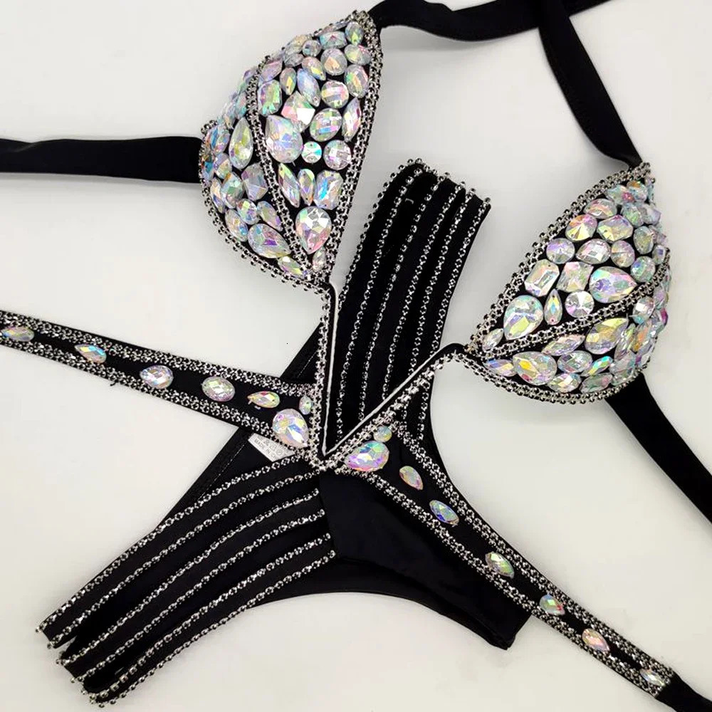 Diamond Bikini Set Women Bling Diamante Carnival Bra Crop Top Crystal Panties Rave Festival Burning Man Outfit Club Wear250107