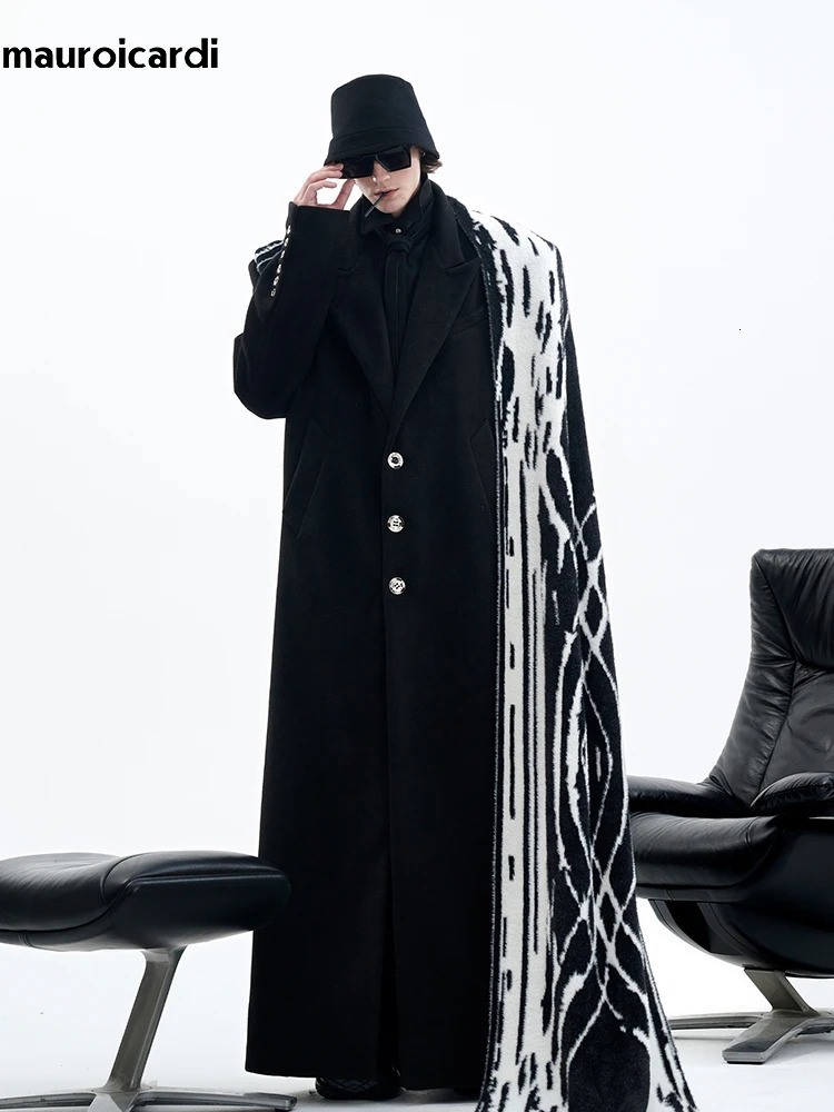Mauroicardi Autumn Winter Oversized Long Warm Black Wool Blends Coat Men Floor Length Woolen Overcoat 2024 250106