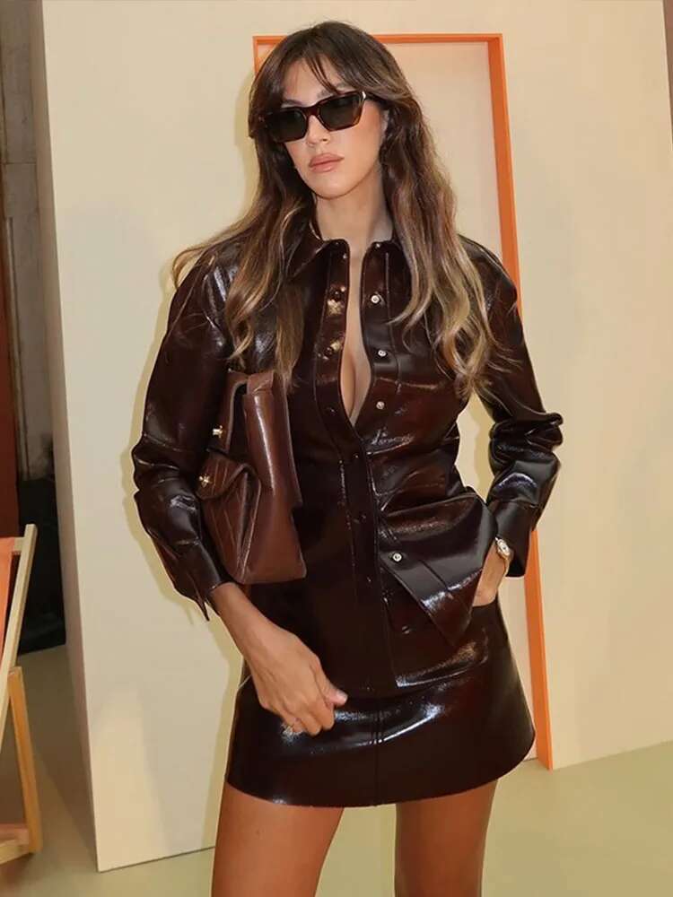 Vintage Women Leather Lapel Single Breasted Slim Fit Mini Retro Fashin Female Suit 2024 Lady Jacket Skirt Sets