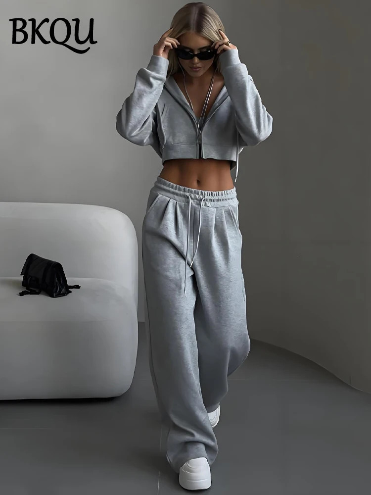 BKQU Fashion Two Piece Women Hoodie Pants Set Casual Long Sleeve Zip Up Jacket Sweatshirt Suit Baggy Sweatpants Woman Tracksuit 250106