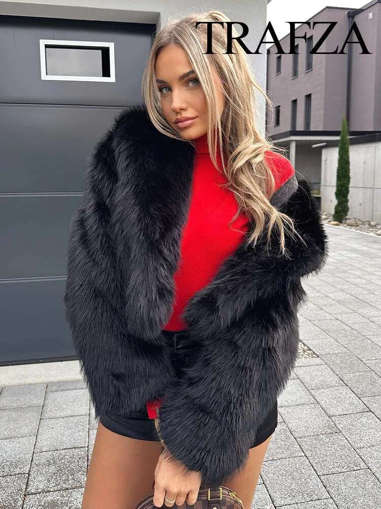 TRAFZA 2024 Winter Coats For Women Trend Artificial Fur Solid Loose Short Coat Female Vintage Chic Elegant Women's Cardigan