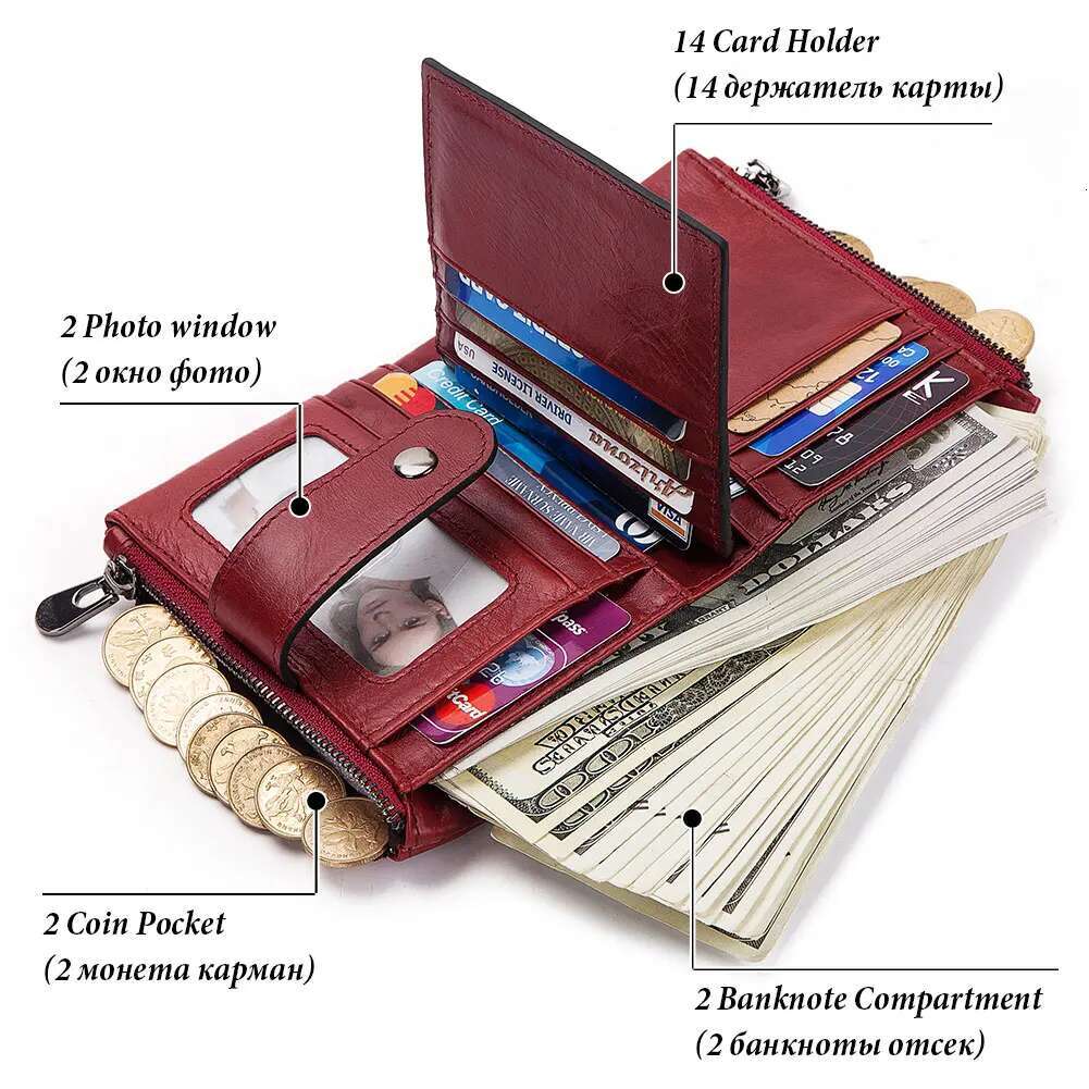 Genuine Leather Wallet Women Short RFID Anti-Thef Card Holder Female Hasp Zipper Coin Purse High Quality Clutch Money Bag Portfe