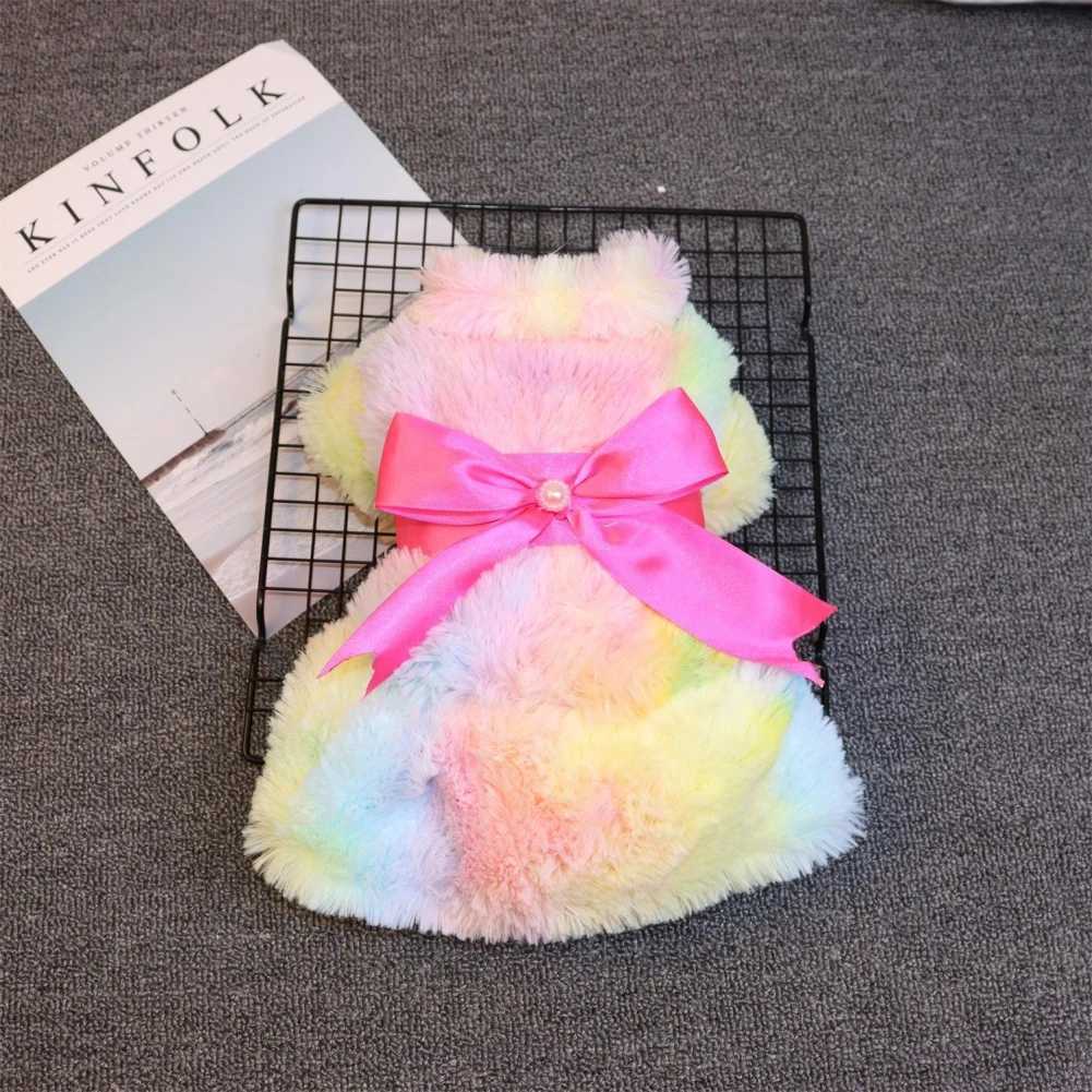 Pet Dog Fluffy Pink Bowknot Skirt Plush Coat Color Coral Fleece Dresses Winter Pet Color Gradient Dress for Small Dog Cat JacketXJ250109