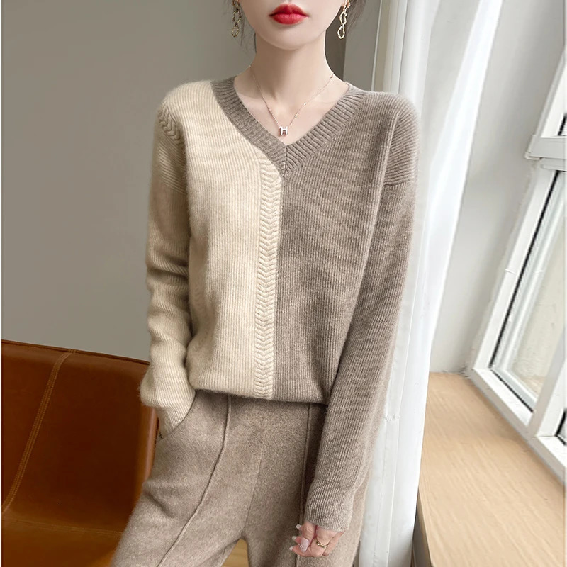 Autumn and Winter Womens Vneck ColorBlock Sweater Comfortable Warm 100% Pure Wool Loose Pullover Top 250108