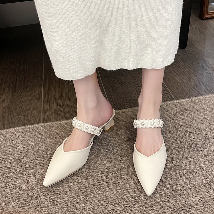 Women hot Slippers New Fashion Design Pearl High Heel Pointed Toe Sandals Triple Beige Yellow Free shipping
