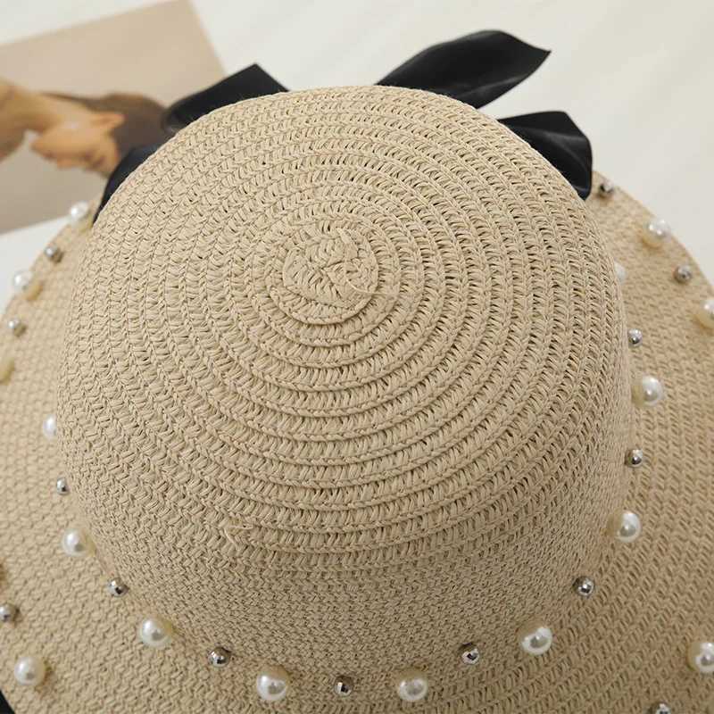 New Spring and Summer Fem Sunscreen Sun Hat Childrens Bow Beaded Hat Beach Hat Traw Hat X250109