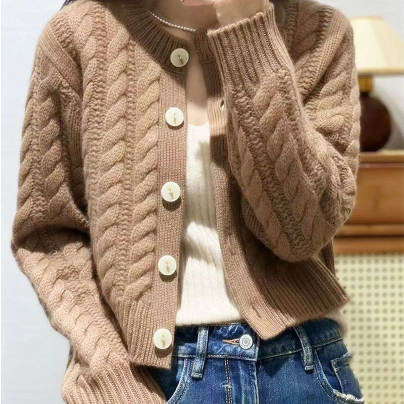 Autumn Long Sleeve Solid Color Singlebreasted Loose Knitted Cardigan Fashion Sweater Coat Women Female Casual Short Tops 250108