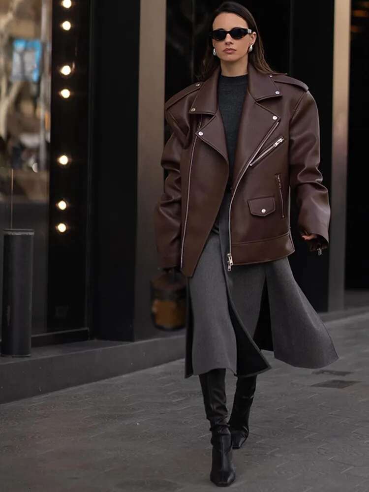 Vintage PU Leather Women Jacket Lapel Full Sleeves Zippers Female Coat 2024 Autumn Winter Solid Minimalism Loose Lady Outwear