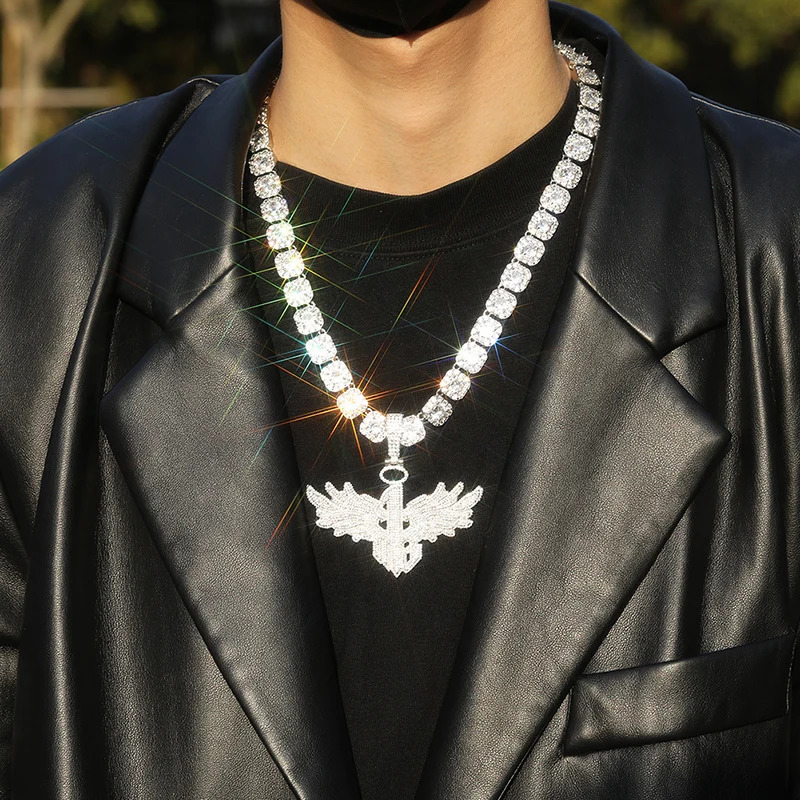 Hip Hop 5ACZ Stone Bling Ice Out Angel Wing Number 1 Pendant Necklace for Men Rapper Jewelry Gold Silver Color Drop 250109