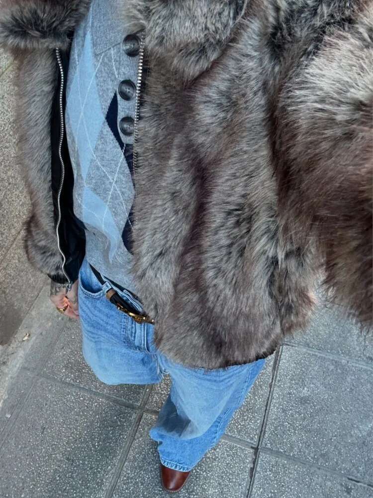 Patchwork Zipper Coat Leather Edge Contrast Color Fur Effect Jacket Maillard Women's Short Overcoat Winter Vintage Outwear