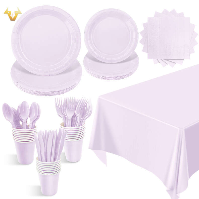 New solid color tray tableware set, light purple tray, towels, paper cups, tablecloths, disposable party supplies