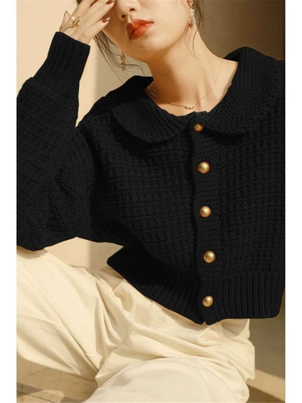 2022 Autumn Orange Crop Top Peter Pan Collar Button Up Korean Fashion Knit Cardigan Sweater Coat Fall Winter Women Y7267