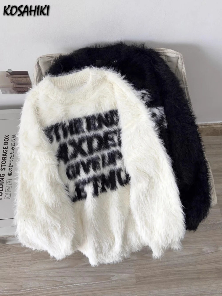 Loose Mohair Sweater Men and Women Y2k Aesthetic Knitted Punk Vintage Pullover Sueter Mujer Harajuku Letter Print Grunge Jumpers 250108