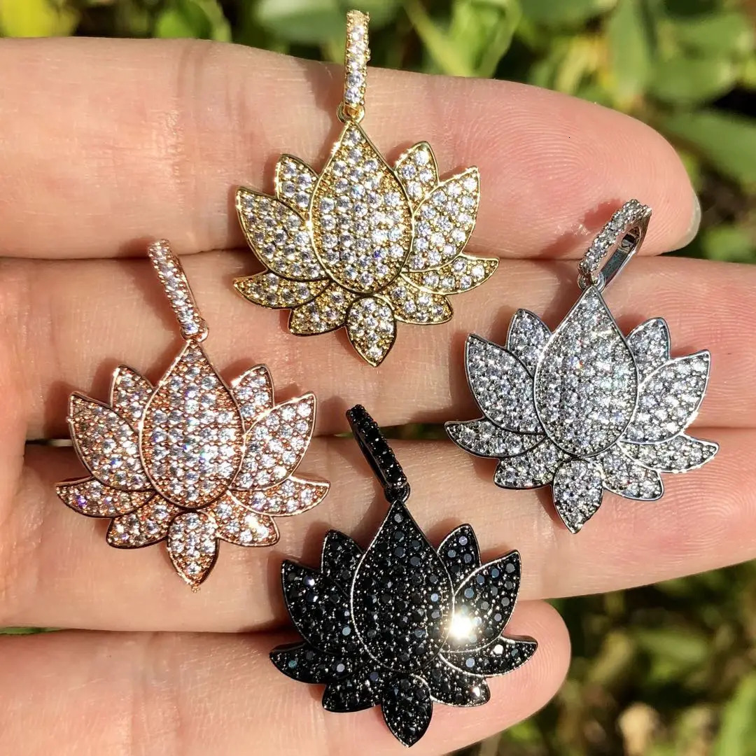 5Pcs Cubic Zirconia Pave Flower Lotus Charms Pendant for Jewelry Making Bracelet Necklace Accessories 250109