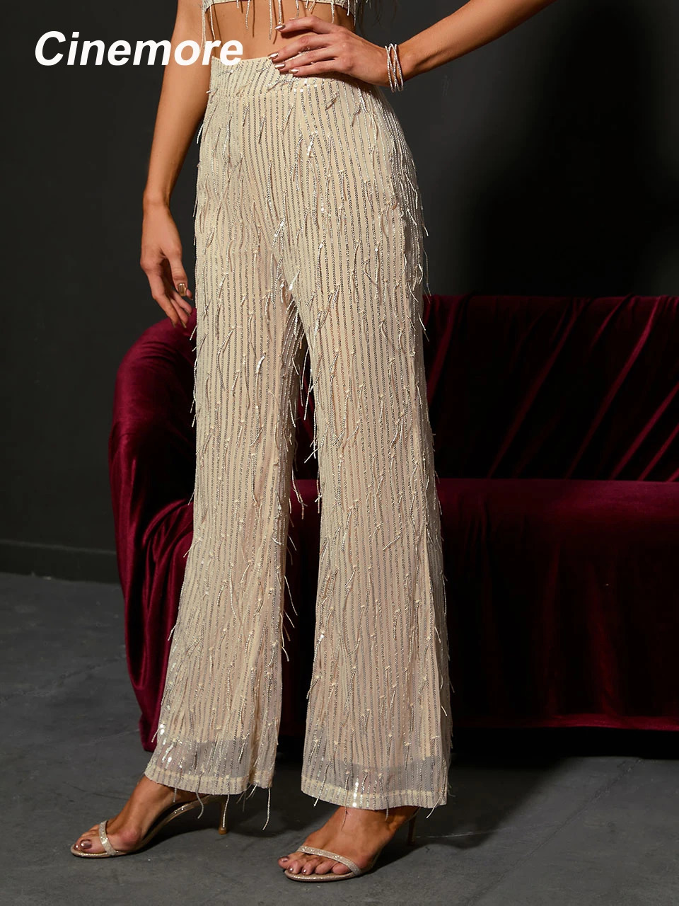 Cinemore Long Pant Sets for Women Two Piece Set Outfit Short Sexy y2k Tops Sequin Pants Straight Leg 250106