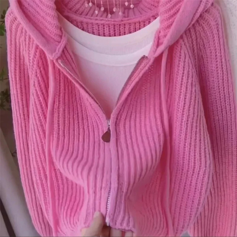 Pink Hooded Knitted Cardigan For Womens Autumn Loose And Stylish n Striped Short Sweater Zipper Jacket White Overcoat 250108