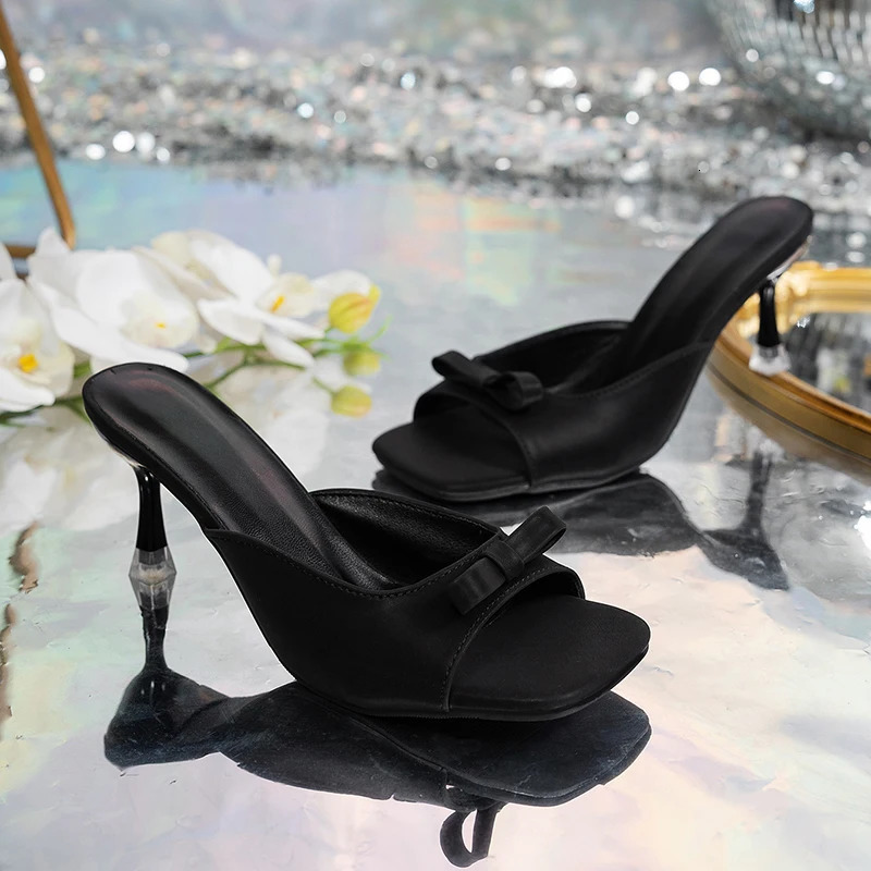 Bowtie High Heels Sandals for Women 2025 Thin Heeled Summer Outdoor Slippers Woman Plus Size 42 Black WHite Square Toe Slides 250308
