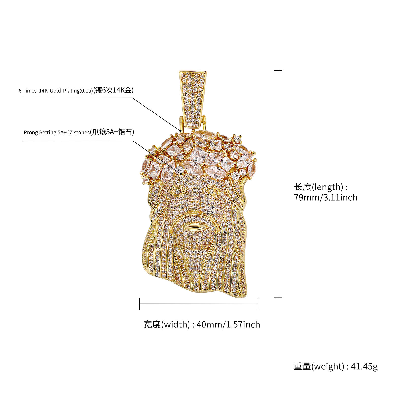 TopBling Large Jesus Face Pendants Necklace Jewelry Real 18K Gold Plated Religious Jewelry