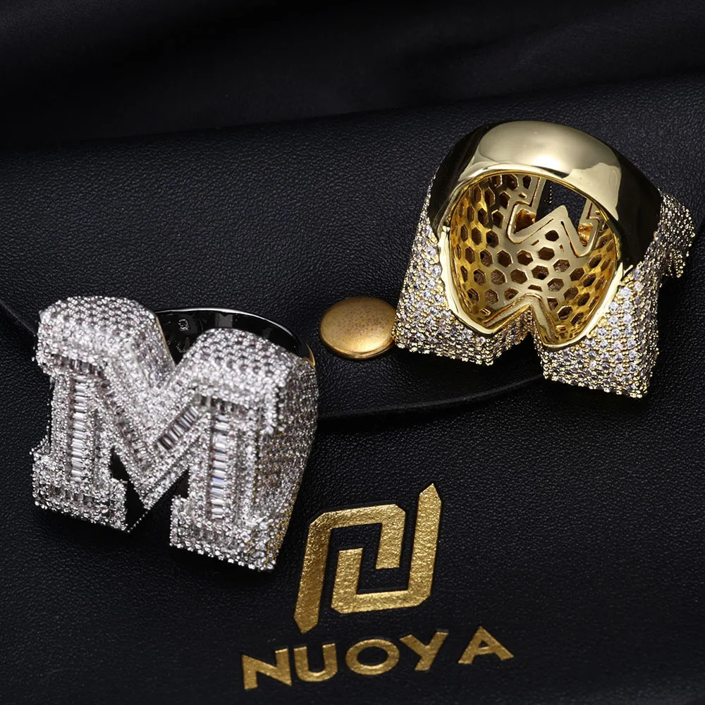 Quality Brilliant Rectangle Iced Out M Ring For Men Hip Hop Initial Letter Round Cut Diamond Unisex jewelry 250109