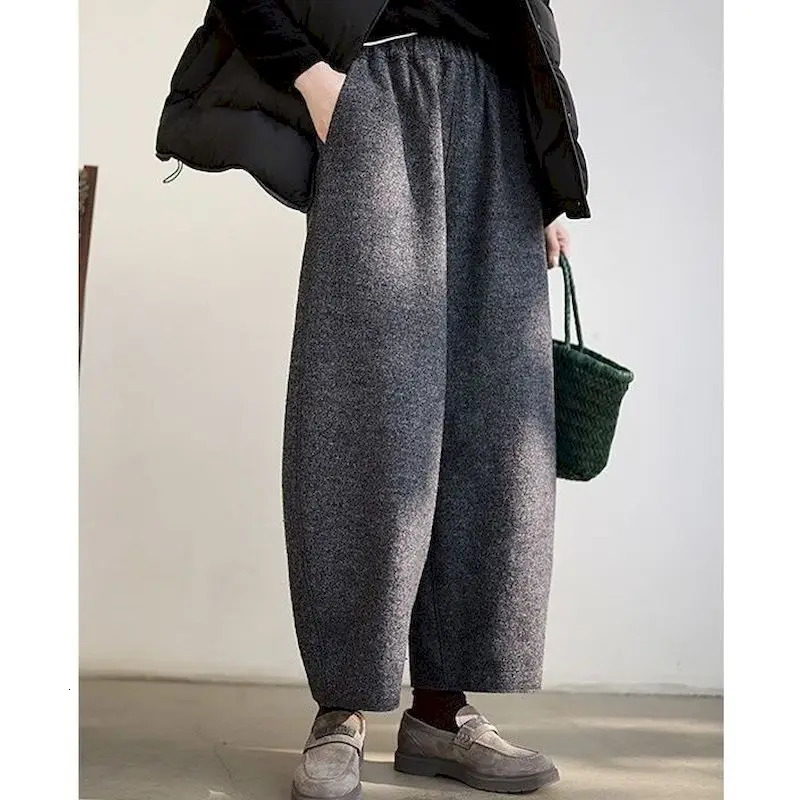 Lantern Pants Women Woolen Fabric Solid n Casual Loose Korean Fashion Elastic Waisted Trousers Clothing Harem 250108