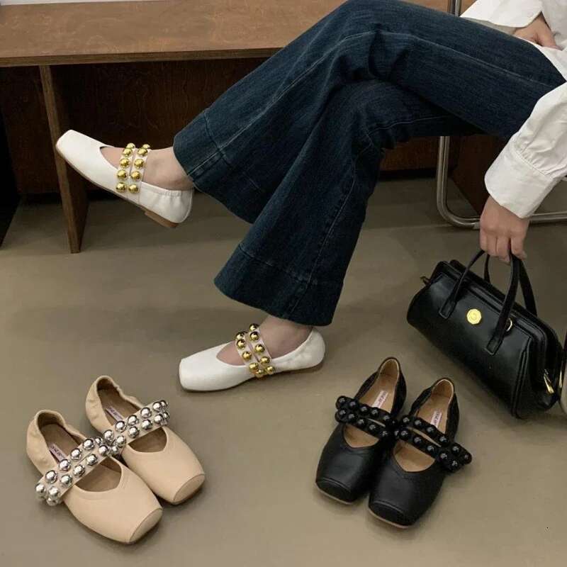 Rivet Designer Mary Jane Flat Retro Shallow Comfort Fashion Dress Shoe New Square Toe Soft Soled Brand Ballet Shoes