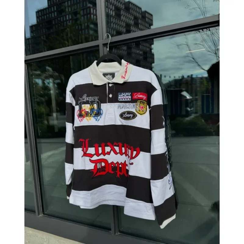 Hiphop striped personalized geometric pattern printed lapel longsleeved Tshirt men Y2K American skateboard sports couple tops 250106