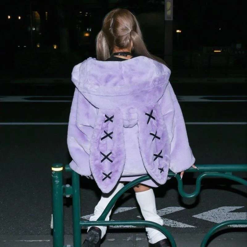 Women's Wear Winter Clothing Women's Jacket Haruku Rabbit Ear Black Coat Thick Fur Peng Kela Chain Oversized Y2k Top Ropa