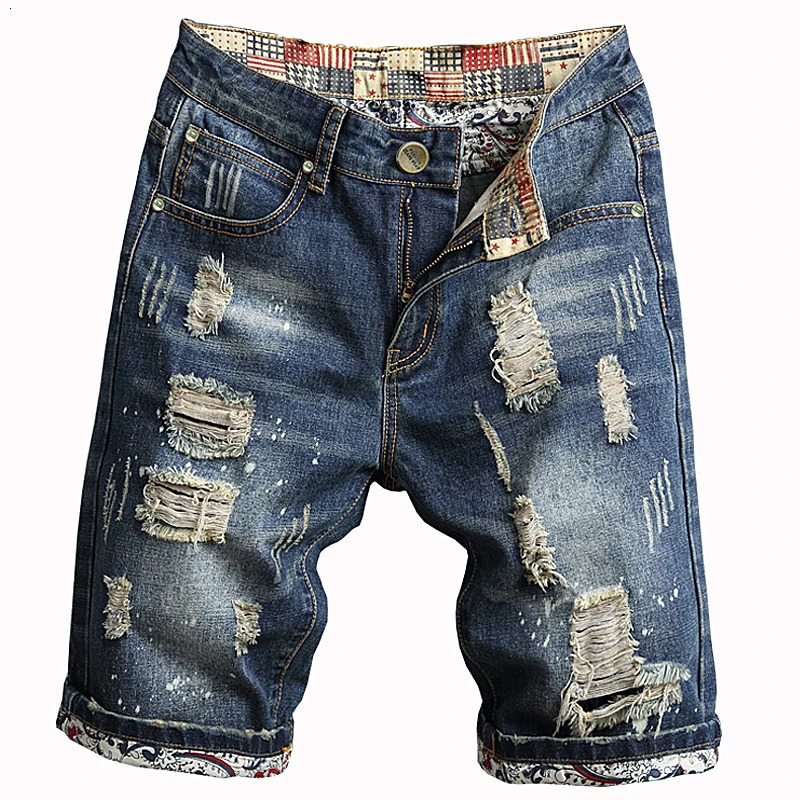 Summer Mens Retro Split Short Jeans Street Wear Worn Hole Slim Fit denim shorts Beggar Trendy Middle Pants Blue 250108