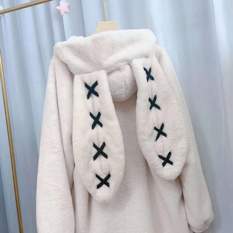 Women's Wear Winter Clothing Women's Jacket Haruku Rabbit Ear Black Coat Thick Fur Peng Kela Chain Oversized Y2k Top Ropa