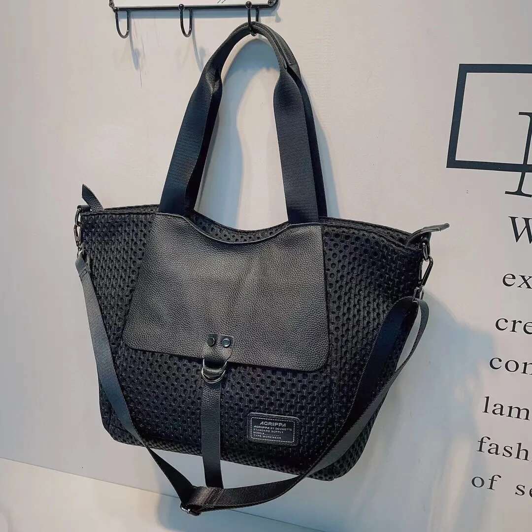 New Women's Slanted Shoulder Mesh Fabric Paired With Cowhide Handbag Men's Simple Short Distance Travel Bag