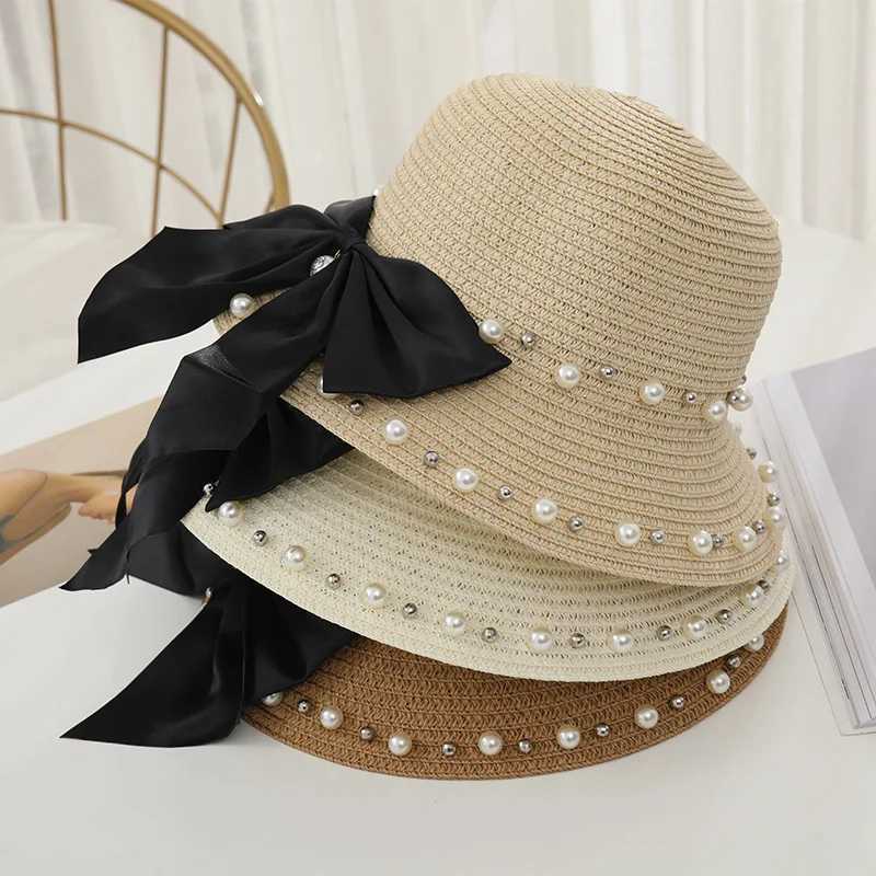 New Spring and Summer Fem Sunscreen Sun Hat Childrens Bow Beaded Hat Beach Hat Traw Hat X250109