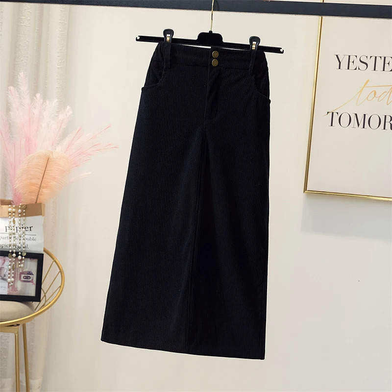Korean Corduroy Skirts Women High Waist Pocket Autumn Winter Slim WrapAround Dress Elegant Fashion Casual Solid Lady Skirt 250106