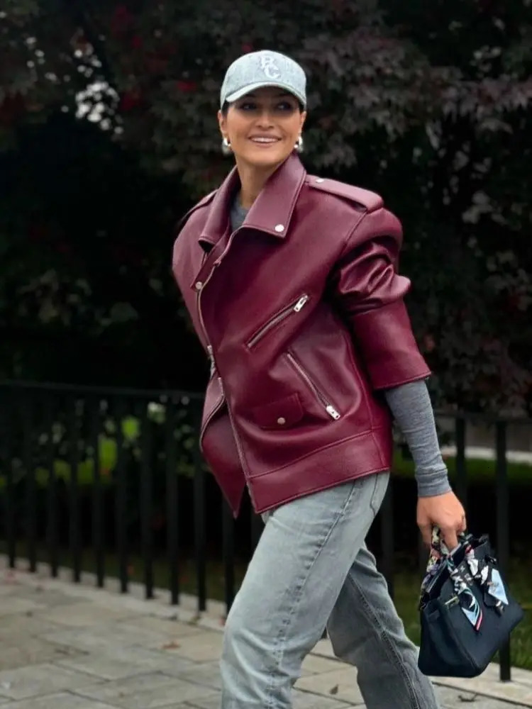 Vintage Wine Red Irregular Zipper Pu Leather Jacket For Women Fashion Lapel Buttons Long Sleeve Coat Female Street Outwear 250103