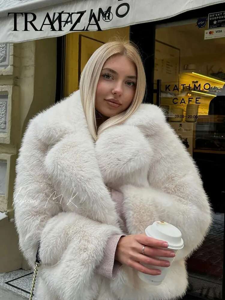 TRAFZA Female Elegant Solid 3-Color Faux Fur Effect Long Sleeve Cardigan Winter Women's High Street Pockets Coat Mujer