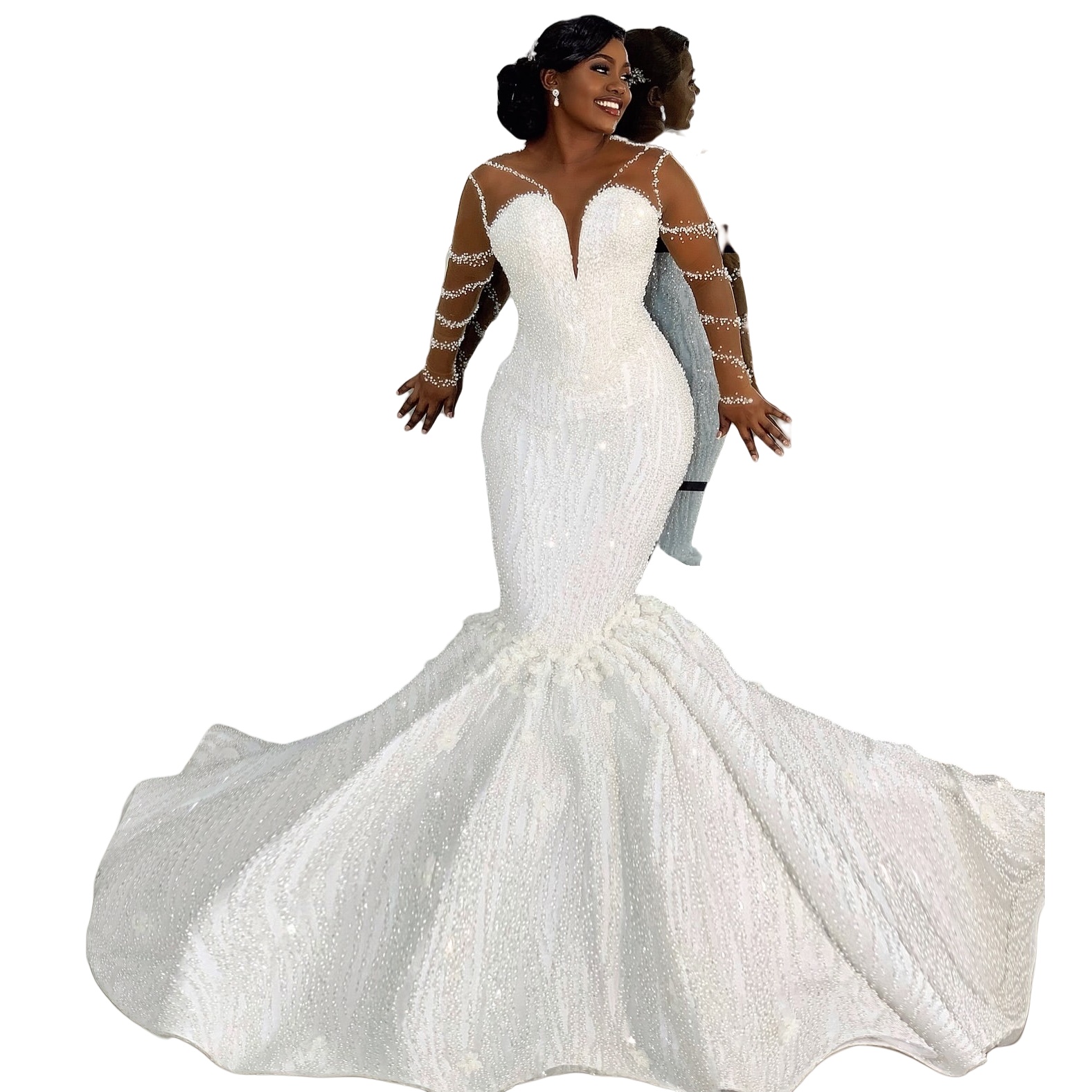 2025 Arabic Aso Ebi Plus Size Ivory Wedding Dresses wers Pearls Full Sleeves Sequined Bridal Gowns Dress For Brides