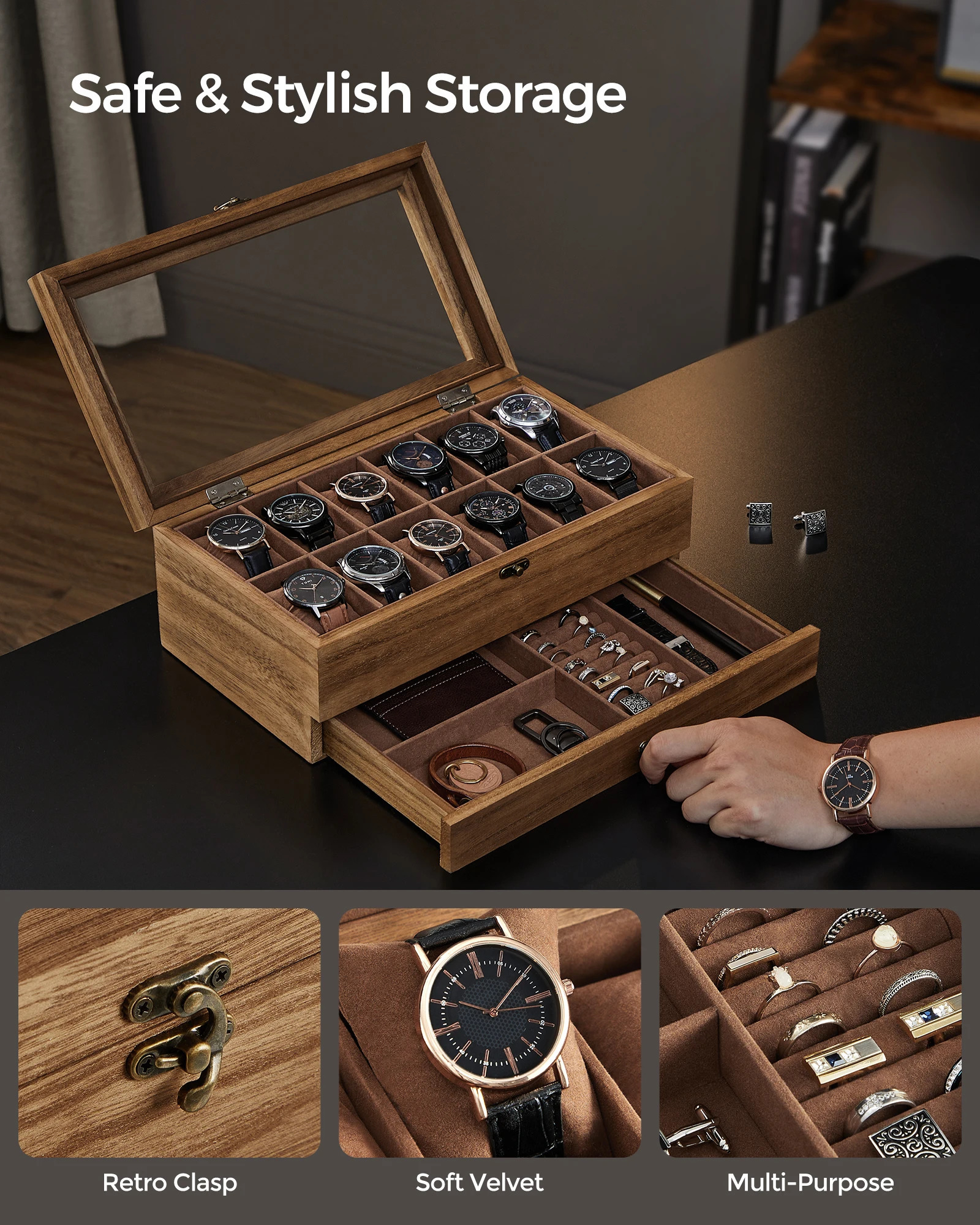 SONGMICS 12Slot Watch Box 2Tier Display Case with Large Glass Lid Removable Pillows Velvet Lining Jewelry 250109