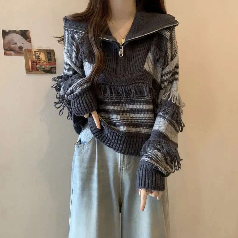 New Women's 2023 Autumn/Winter Elegant High Collar Stripe Tassel Ladies Knitted Pullover Loose Temperament Femme Sweater
