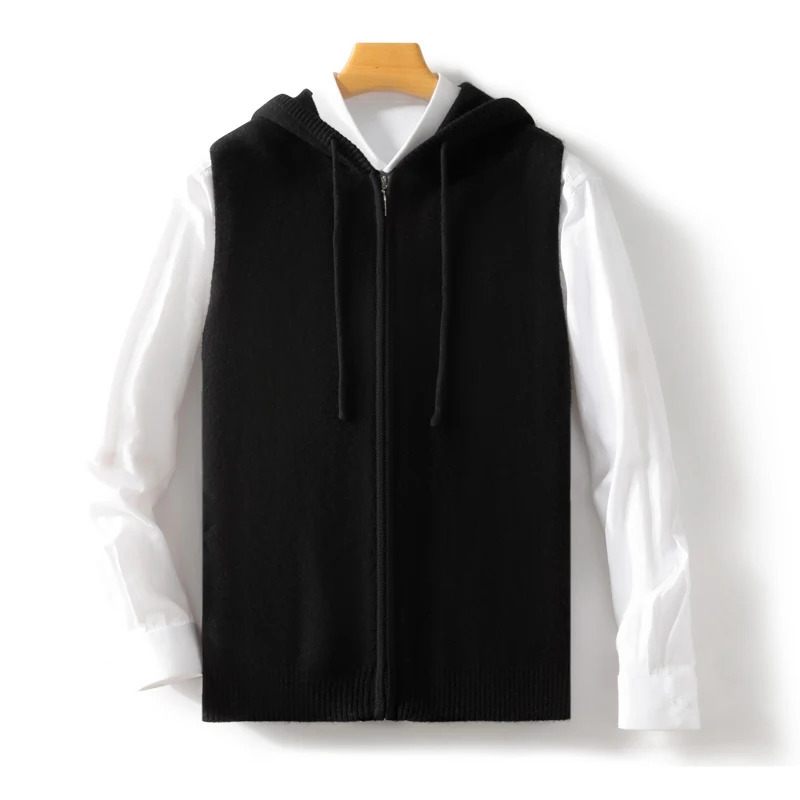 100 Wool Vest For Men VNeck Knitted Pullover Autumn and Winter Casual Mens hooded Waistcoat Solid color Tops 250107