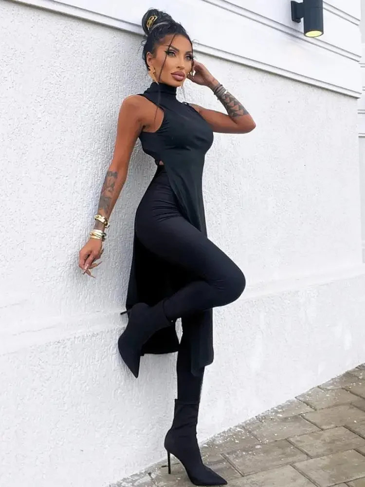 Oshoplive Summer Backless SplitSide HighNeck Vest Top Leggings Suits Casual High Street Two Pieces Set For Women 250106