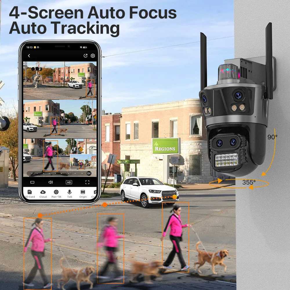 8K WiFi IP Camera Four lens Outdoor 6K PTZ Security Camera 8X Zoom Automatic Tracking IP66 Waterproof Security CCTV Monitoring iSee X250110