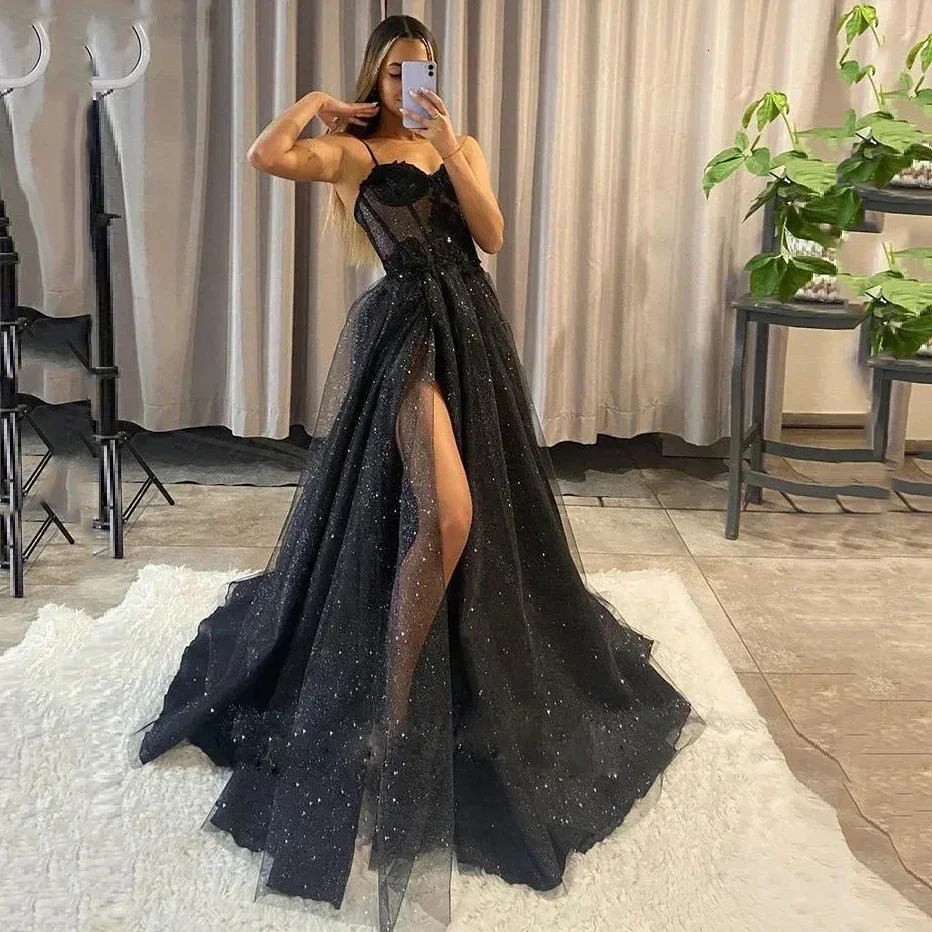 Glitter Tulle Prom Dress Long Ball Gown Spaghetti Straps Lace Appliqued 3D Flower Slit Bridesmaid Dresses Sexy Cocktail party 250106