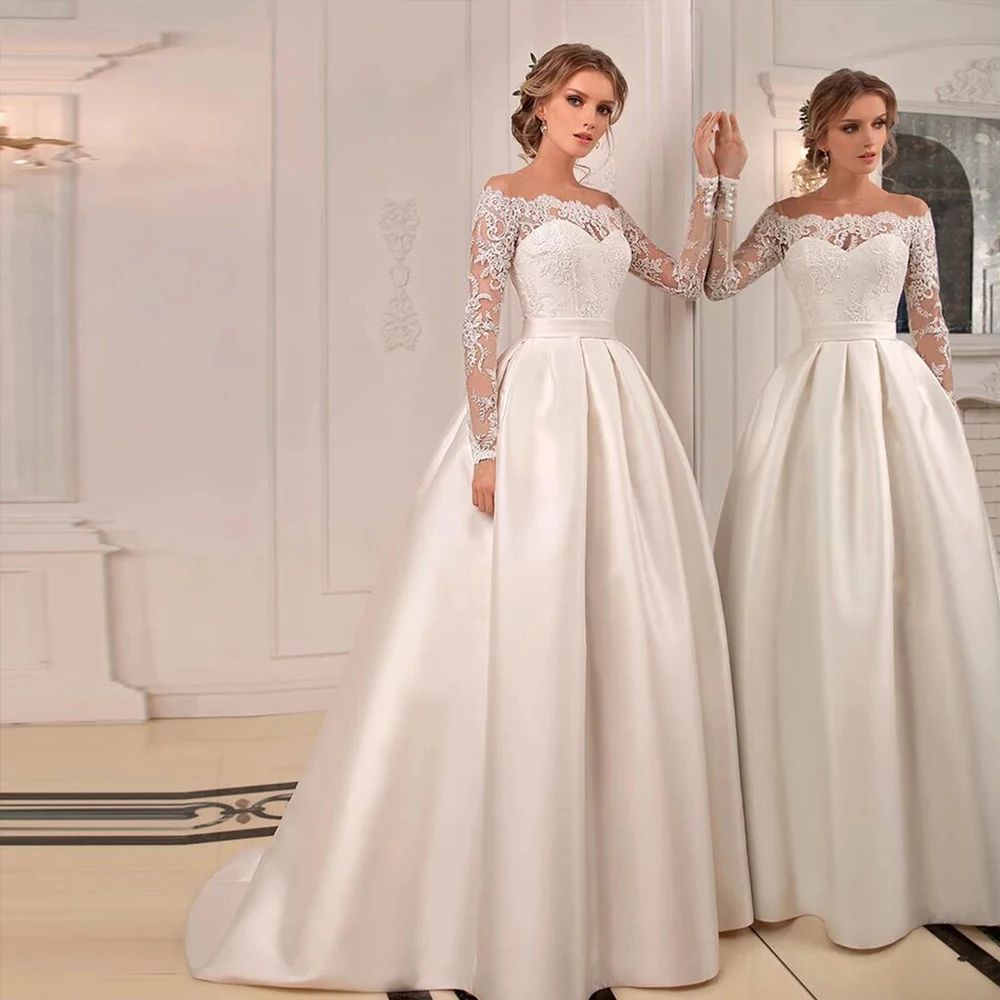 Simple Ivory Satin A-Line Wedding Dresses Bateau Neck Lace Long Sleeves Elegant Bridal Gowns Back Buttons Sweep Train 2025