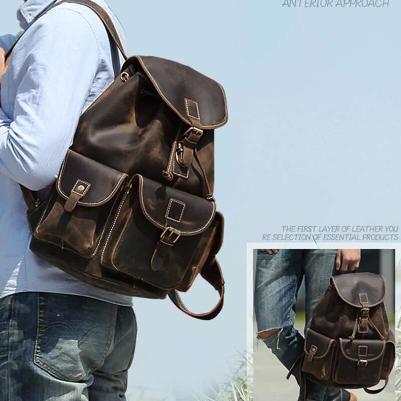 Vintage Crazy Horse Mens Thick Genuine Leather Women Rucksack Big Capacity Travel Bag School Backpack