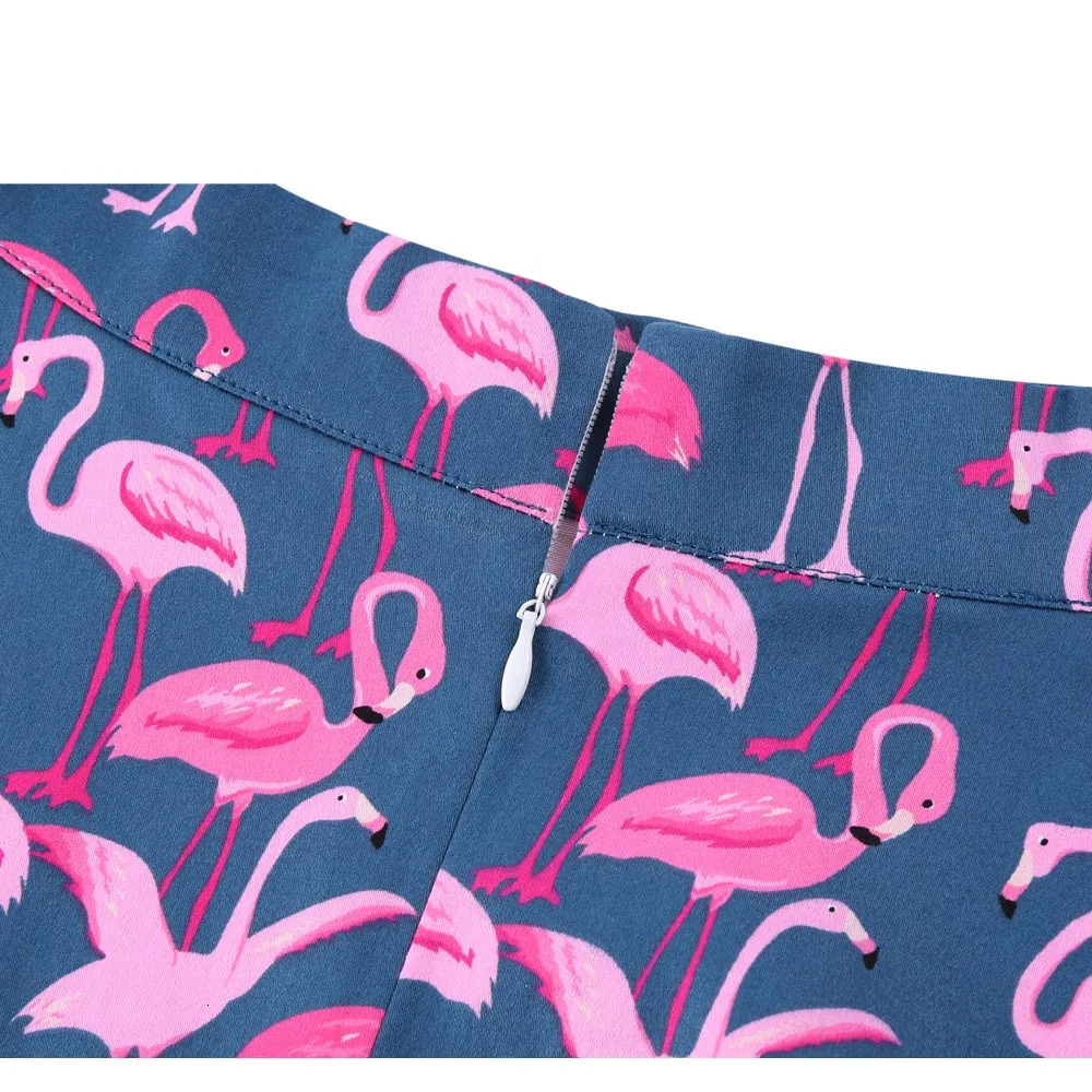 Cotton Women Retro Pleated Skirts 50s Kawai Vintage Rockabilly Swing Flamingo Printed High Waist Casual Tutu Summer Skater Blue 250106